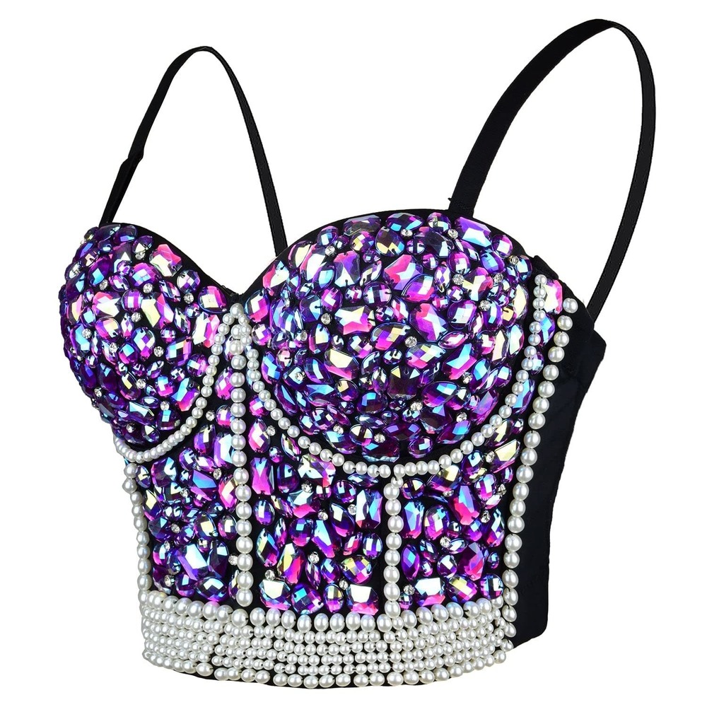 NWT‎ ELLACCI Purple Rhinestone Pearl Bustier Corset Crop Top XS